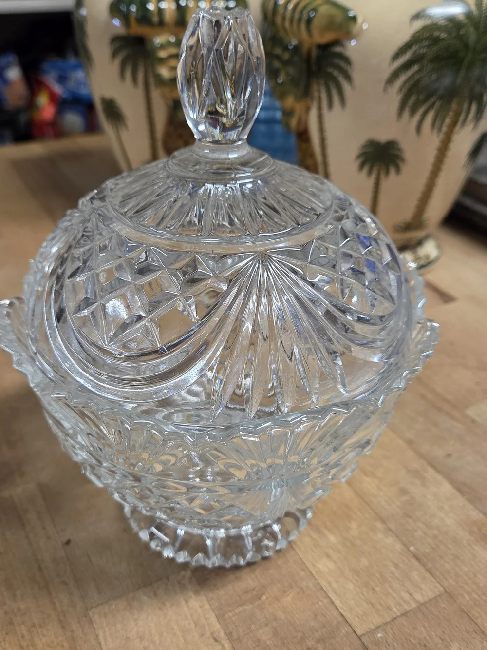 Vintage clear lead crystal footed candy dish with a lid